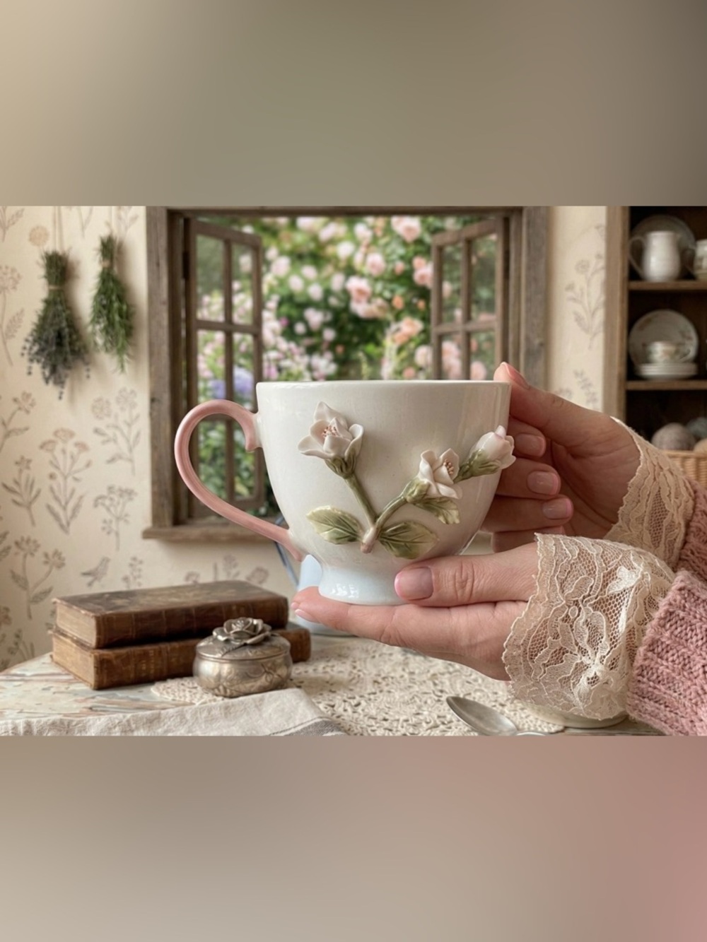 3D Floral Tea Cup, Cottagecore Ceramic Mug with Raised Rose Buds